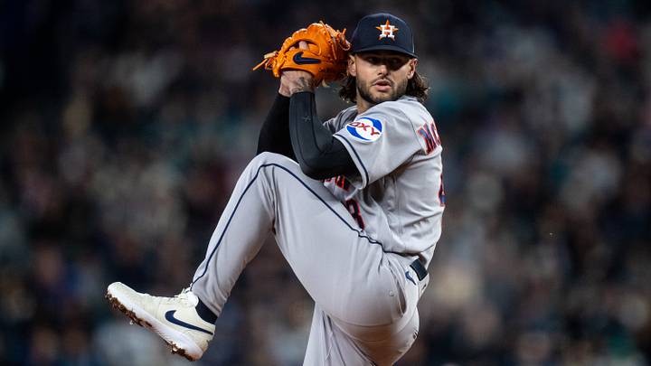 Apr 11, 2026; Seattle, Washington, USA;  Houston Astros starter Lance McCullers Jr. (43) delivers a pitch against the Seattle Mariners at T-Mobile Park. Mandatory Credit: Stephen Brashear-Imagn Images