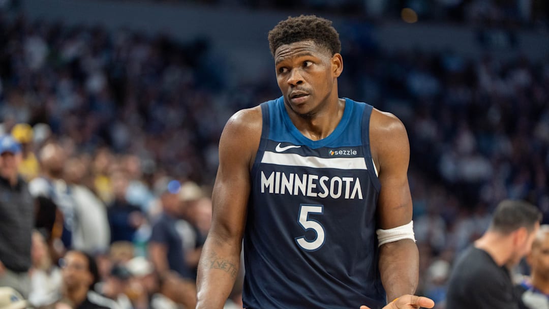 Apr 27, 2025; Minneapolis, Minnesota, USA; Minnesota Timberwolves guard Anthony Edwards (5) responds to the Los Angeles Lakers bench after a foul in the second quarter during game four of first round for the 2025 NBA Playoffs at Target Center. Mandatory Credit: Matt Blewett-Imagn Images