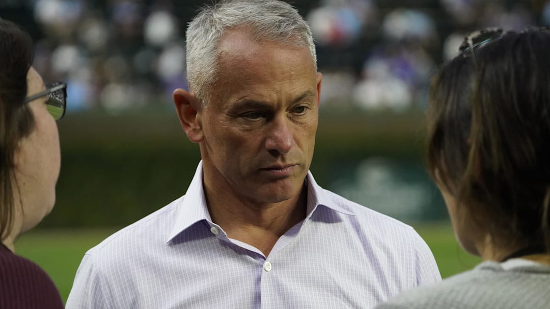Sep 23, 2025; Chicago, Illinois, USA; Chicago Cubs president Jed Hoyer talks to the press before a game against the New York Mets at Wrigley Field. Mandatory Credit: David Banks-Imagn Images