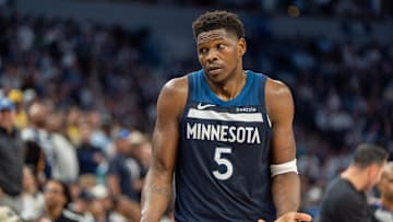 Apr 27, 2025; Minneapolis, Minnesota, USA; Minnesota Timberwolves guard Anthony Edwards (5) responds to the Los Angeles Lakers bench after a foul in the second quarter during game four of first round for the 2025 NBA Playoffs at Target Center. Mandatory Credit: Matt Blewett-Imagn Images