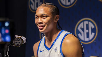 Oct 14, 2025; Birmingham, AL, USA; Kentucky Wildcats guard Jaland Lowe talks with the media during SEC Media Days at Grand Bohemian Hotel. Mandatory Credit: Vasha Hunt-Imagn Images