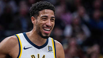 Apr 8, 2025; Indianapolis, Indiana, USA; Indiana Pacers guard Tyrese Haliburton (0) in the first half against the Washington Wizards at Gainbridge Fieldhouse. Mandatory Credit: Trevor Ruszkowski-Imagn Images