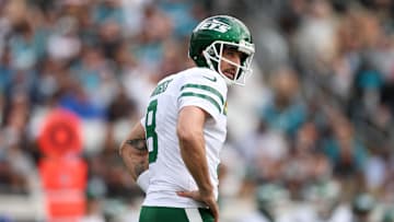 Dec 15, 2024; Jacksonville, Florida, USA; New York Jets quarterback Aaron Rodgers (8) reacts after a play against the Jacksonville Jaguars in the first quarter at EverBank Stadium. Mandatory Credit: Nathan Ray Seebeck-Imagn Images