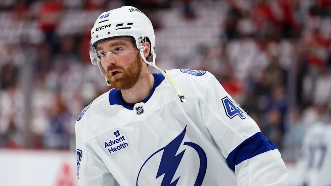 Apr 26, 2025; Sunrise, Florida, USA; Tampa Bay Lightning defenseman Nick Perbix (48) warms up before a game game three of the first round of the 2025 Stanley Cup Playoffs against the Florida Panthers at Amerant Bank Arena. Mandatory Credit: Nathan Ray Seebeck-Imagn Images