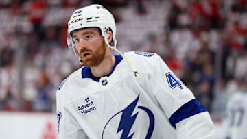 Apr 26, 2025; Sunrise, Florida, USA; Tampa Bay Lightning defenseman Nick Perbix (48) warms up before a game game three of the first round of the 2025 Stanley Cup Playoffs against the Florida Panthers at Amerant Bank Arena. Mandatory Credit: Nathan Ray Seebeck-Imagn Images
