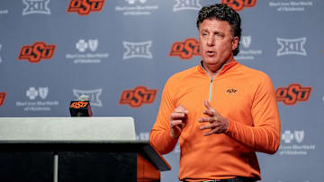 Oklahoma State head football coach Mike Gundy speaks during a press conference at Boone Pickens Stadium in Stillwater Okla., on Thursday, Jan. 23, 2025.