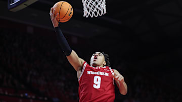 Jan 6, 2025; Piscataway, New Jersey, USA; Wisconsin Badgers guard John Tonje (9) goes to the basket during the first half against the Rutgers Scarlet Knights at Jersey Mike's Arena. Mandatory Credit: Vincent Carchietta-Imagn Images