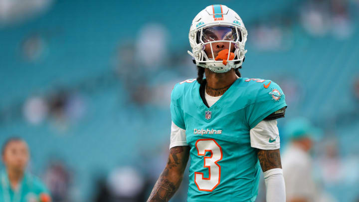 Aug 11, 2023; Miami Gardens, Florida, USA;  Miami Dolphins wide receiver Robbie Chosen (3) warms up before a game against the Atlanta Falcons at Hard Rock Stadium.