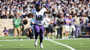 Oct 11, 2025; Manhattan, Kansas, USA; TCU Horned Frogs quarterback Josh Hoover (10) motions to a receiver down field during the first quarter against the Kansas State Wildcats at Bill Snyder Family Football Stadium. Mandatory Credit: Scott Sewell-Imagn Images
