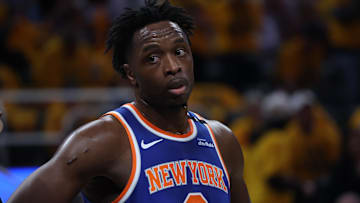 May 27, 2025; Indianapolis, Indiana, USA; New York Knicks forward OG Anunoby (8) stands on court during the second quarter against the Indiana Pacers of game four of the eastern conference finals for the 2025 NBA Playoffs at Gainbridge Fieldhouse. Mandatory Credit: Trevor Ruszkowski-Imagn Images