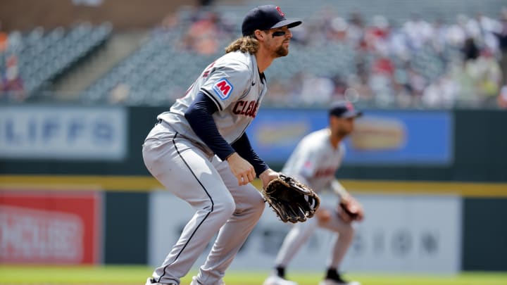 Jul 11, 2024; Detroit, Michigan, USA;  Cleveland Guardians shortstop Daniel Schneemann (10) in the field in the first inning against the Detroit Tigers at Comerica Park. Mandatory Credit: Rick Osentoski-USA TODAY Sports