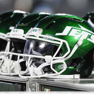 Aug 17, 2024; Charlotte, North Carolina, USA; New York Jets helmets during the second half against the Carolina Panthers at Bank of America Stadium. Mandatory Credit: Jim Dedmon-Imagn Images
