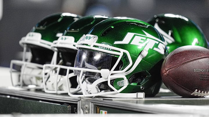 Aug 17, 2024; Charlotte, North Carolina, USA; New York Jets helmets during the second half against the Carolina Panthers at Bank of America Stadium. Mandatory Credit: Jim Dedmon-Imagn Images