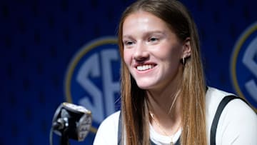 Oct 15, 2025; Birmingham, Alabama, USA; Missouri player Grace Slaughter talks to reporters at SEC Media Day in the Grand Bohemian Hotel.