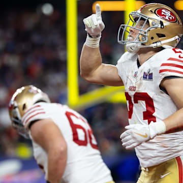 Feb 11, 2024; Paradise, Nevada, USA; San Francisco 49ers running back Christian McCaffrey (23) celebrates after scoring a touchdown in the first half of Super Bowl LVIII at Allegiant Stadium.