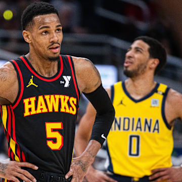 Apr 14, 2024; Indianapolis, Indiana, USA; Atlanta Hawks guard Dejounte Murray (5) in the first half against the Indiana Pacers at Gainbridge Fieldhouse.