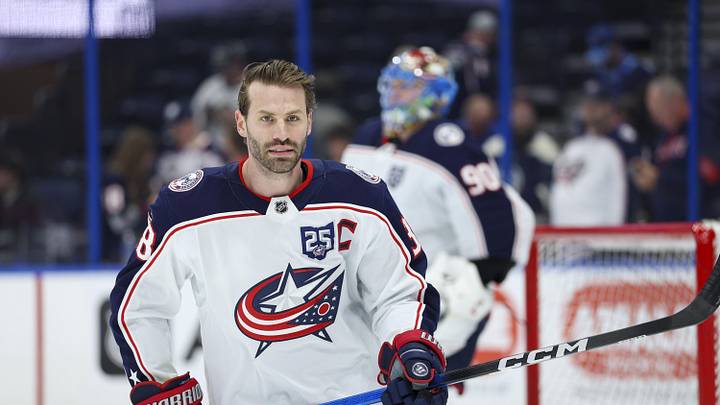 Mar 10, 2026; Tampa, Florida, USA; Columbus Blue Jackets center Boone Jenner (38) warms up before a game against the before a game against the Tampa Bay Lightning at Benchmark International Arena. Mandatory Credit: Nathan Ray Seebeck-Imagn Images