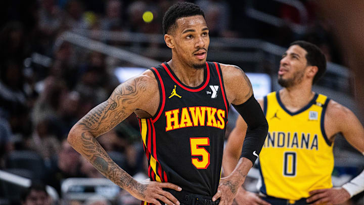 Apr 14, 2024; Indianapolis, Indiana, USA; Atlanta Hawks guard Dejounte Murray (5) in the first half against the Indiana Pacers at Gainbridge Fieldhouse.