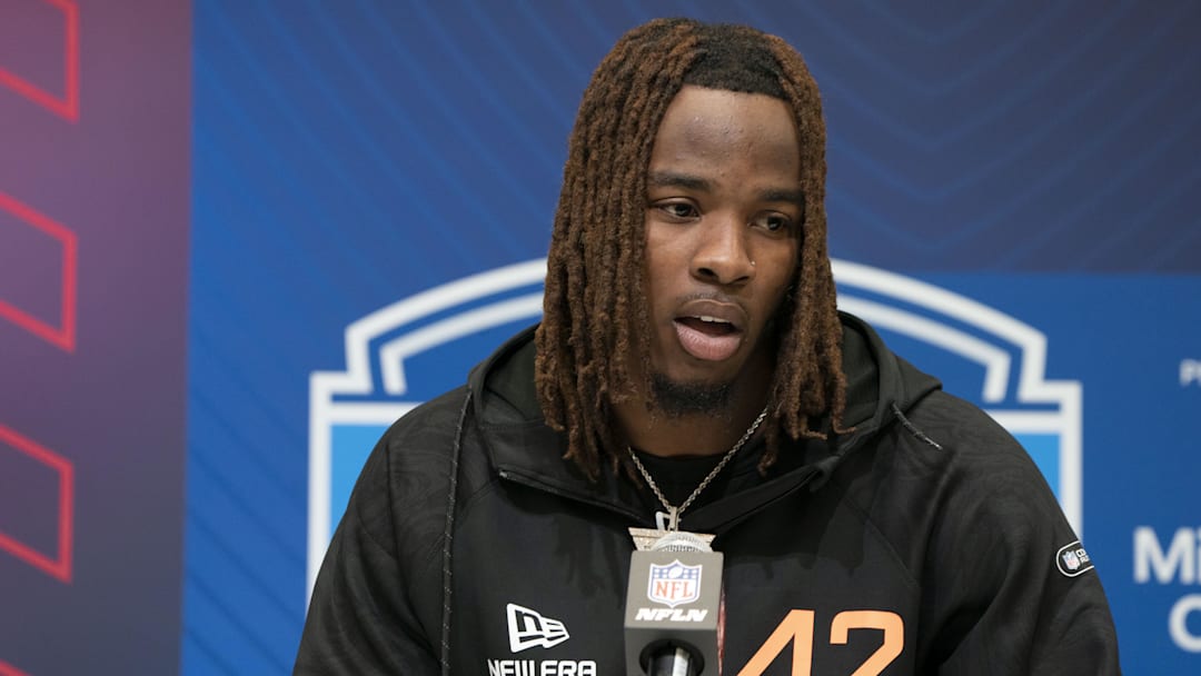 Feb 28, 2025; Indianapolis, IN, USA; Tennessee wideout Dont'e Thornton (WO42) talks to the press during the 2025 NFL Combine at Indiana Convention Center. Mandatory Credit: Stephanie Amador Blondet-Imagn Images