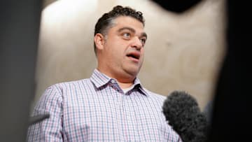Nov 8, 2022; Las Vegas, NV, USA; Los Angeles Angels general manager Perry Minasian answers questions to the media during the MLB GM Meetings at The Conrad Las Vegas. Mandatory Credit: Lucas Peltier-Imagn Images
