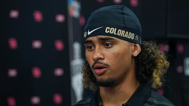 Colorado quarterback Julian Lewis speaks with the media during 2025 Big 12 Football Media Days at The Star.