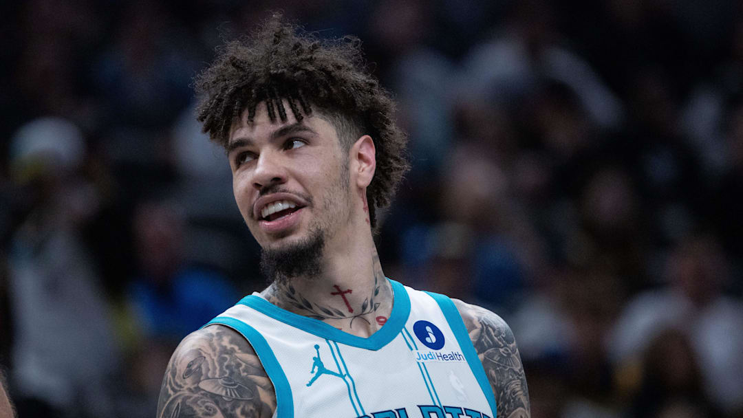 Nov 19, 2025; Indianapolis, Indiana, USA; Charlotte Hornets guard LaMelo Ball (1) looks on in the first half against the Indiana Pacers at Gainbridge Fieldhouse.