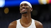 OKC Thunder's Shai Gilgeous-Alexander reacts before the game against the Denver Nuggets during the 2025 NBA Playoffs.