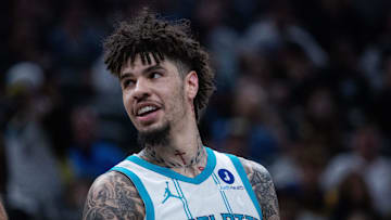 Nov 19, 2025; Indianapolis, Indiana, USA; Charlotte Hornets guard LaMelo Ball (1) looks on in the first half against the Indiana Pacers at Gainbridge Fieldhouse.