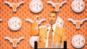 Jul 17, 2024; Dallas, TX, USA; Texas head coach Steve Sarkisian speaking at Omni Dallas Hotel. Mandatory Credit: Brett Patzke-USA TODAY Sports