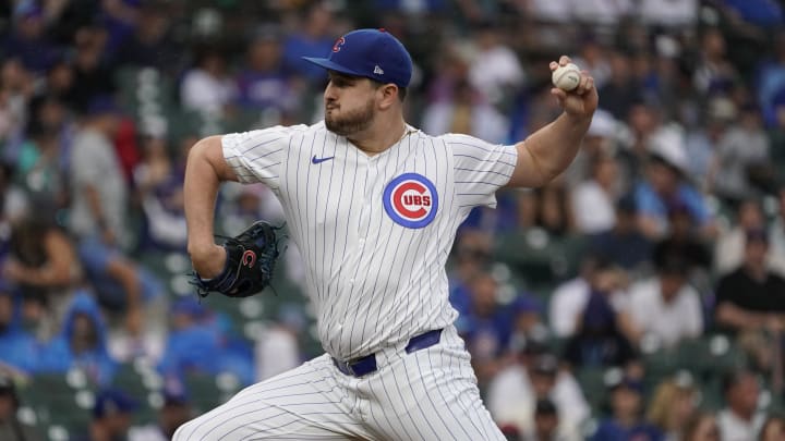 Jul 7, 2024; Chicago, Illinois, USA; Chicago Cubs pitcher Luke Little (43) throws the ball against the Los Angeles Angels during the ninth inning at Wrigley Field. 