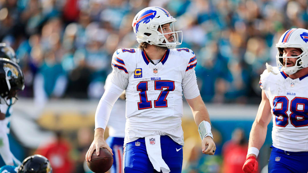 Buffalo Bills quarterback Josh Allen (17) looks on during the fourth quarter of an NFL football AFC Wild Card playoff matchup, Sunday, Jan. 11, 2026, in Jacksonville, Fla. 