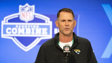 Feb 27, 2024; Indianapolis, IN, USA; Jacksonville Jaguars general manager Trent Baalke talks to the media at the 2024 NFL Combine at Indiana Convention Center. Mandatory Credit: Trevor Ruszkowski-Imagn Images