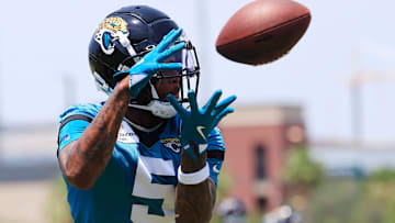 Jacksonville Jaguars wide receiver Dyami Brown (5) hauls in a reception during the first organized team activity at Miller Electric Center Monday, May 19, 2025 in Jacksonville, Fla.