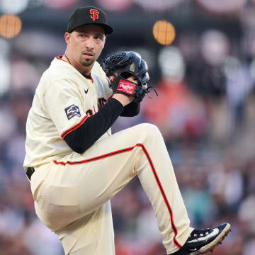 Apr 8, 2024; San Francisco, California, USA; San Francisco Giants starting pitcher Blake Snell (7) pitches against the Washington Nationals during the first inning at Oracle Park
