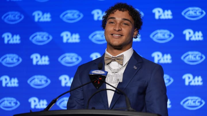 Jul 23, 2024; Charlotte, NC, USA; Pitt tight end Donovan McMillon answers questions from the media during the ACC Kickoff at Hilton Charlotte Uptown. Mandatory Credit: Jim Dedmon-USA TODAY Sports