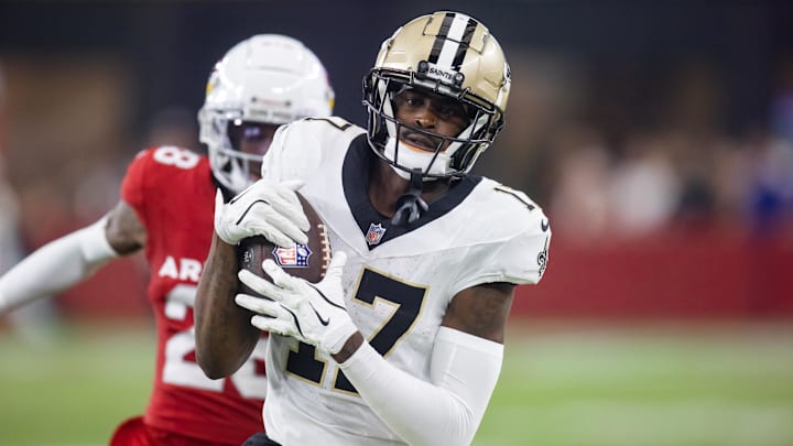 Aug 10, 2024; Glendale, Arizona, USA; New Orleans Saints  wide receiver A.T. Perry (17) against the Arizona Cardinals during a preseason NFL game at State Farm Stadium. Mandatory Credit: Mark J. Rebilas-Imagn Images