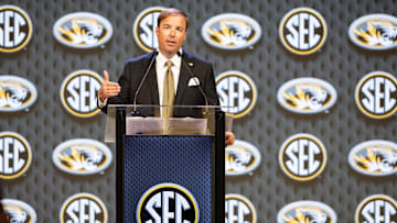 Jul 16, 2024; Dallas, TX, USA; Missouri head coach Eliah Drinkwitz speaking at Omni Dallas Hotel. Mandatory Credit: Brett Patzke-USA TODAY Sports