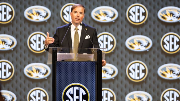 Jul 16, 2024; Dallas, TX, USA; Missouri head coach Eliah Drinkwitz speaking at Omni Dallas Hotel. Mandatory Credit: Brett Patzke-USA TODAY Sports