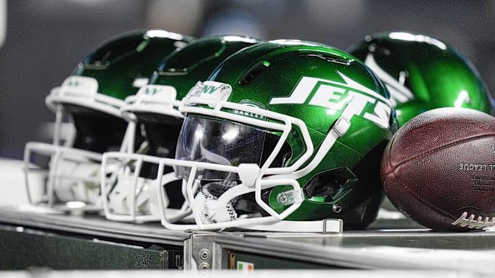 Aug 17, 2024; Charlotte, North Carolina, USA; New York Jets helmets during the second half against the Carolina Panthers at Bank of America Stadium.