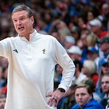 Feb 10, 2024; Lawrence, Kansas, USA; Kansas Jayhawks coach Bill Self on the side line during the first half against the Baylor Bears at Allen Fieldhouse. Mandatory Credit: William Purnell-Imagn Images