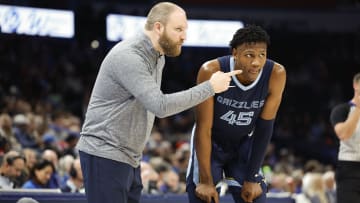 Dec 18, 2023; Oklahoma City, Oklahoma, USA; Memphis Grizzlies head coach Taylor Jenkins talks with forward GG Jackson (45) during the second half at Paycom Center. Mandatory Credit: Alonzo Adams-USA TODAY Sports
