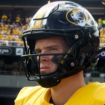 Sep 14, 2024; Columbia, Missouri, USA; Missouri Tigers quarterback Brady Cook prepares to walk on to the field ahead for a game against the Boston College Eagles at Faurot Field at Memorial Stadium.