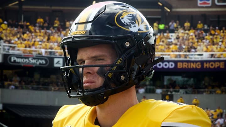 Sep 14, 2024; Columbia, Missouri, USA; Missouri Tigers quarterback Brady Cook prepares to walk on to the field ahead for a game against the Boston College Eagles at Faurot Field at Memorial Stadium.