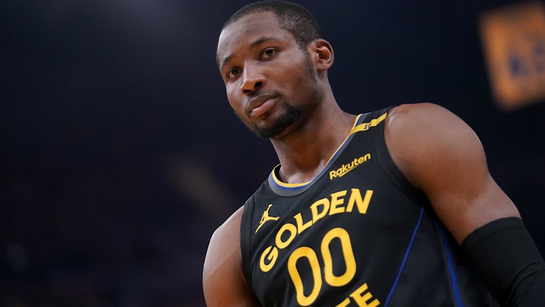 May 12, 2025; San Francisco, California, USA; Golden State Warriors forward Jonathan Kuminga (00) stands on the court before a play against the Minnesota Timberwolves in the second quarter during game four of the second round for the 2025 NBA Playoffs at Chase Center. Mandatory Credit: Cary Edmondson-Imagn Images