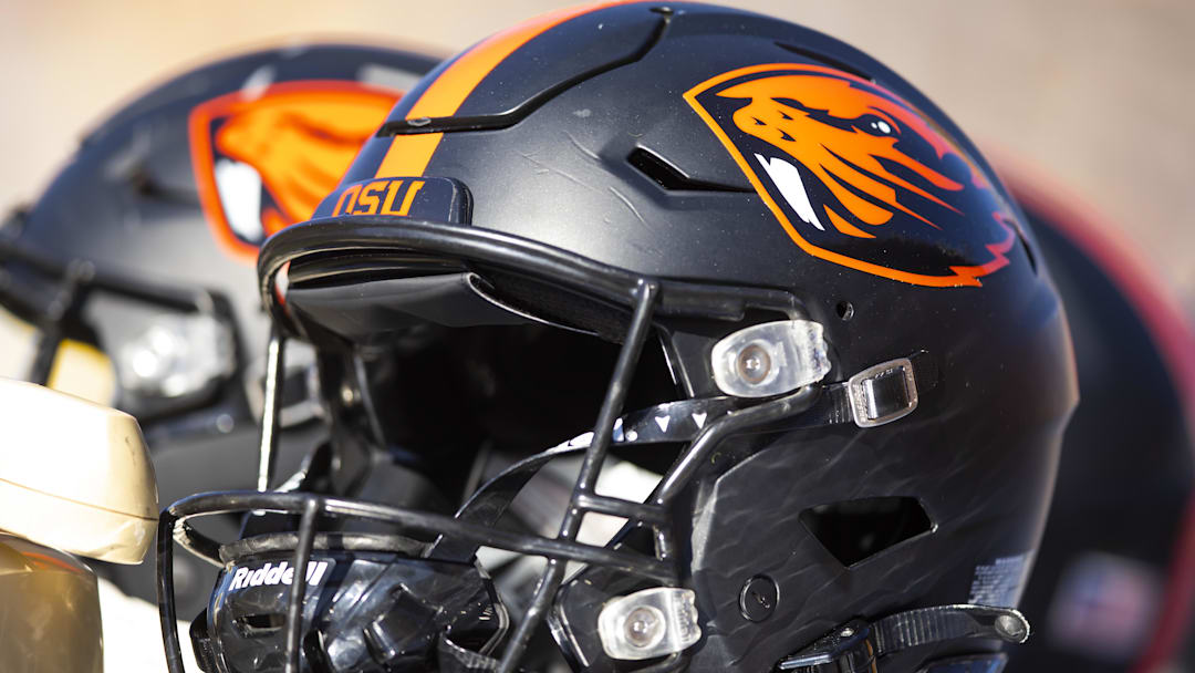 Nov 19, 2022; Tempe, Arizona, USA; Detailed view of an Oregon State Beavers helmet at Sun Devil Stadium. Mandatory Credit: Mark J. Rebilas-Imagn Images