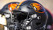 Nov 19, 2022; Tempe, Arizona, USA; Detailed view of an Oregon State Beavers helmet at Sun Devil Stadium. Mandatory Credit: Mark J. Rebilas-Imagn Images