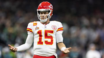 Feb 9, 2025; New Orleans, LA, USA;  Kansas City Chiefs quarterback Patrick Mahomes (15) reacts against the Philadelphia Eagles in Super Bowl LIX at Ceasars Superdome. Mandatory Credit: Mark J. Rebilas-Imagn Images