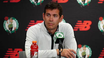 Oct 2, 2023; Boston, Celtics, USA; Boston Celtics president of basketball operations Brad Stevens talks during Boston Celtics Media Day. Mandatory Credit: David Butler II-Imagn Images