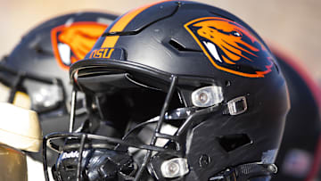 Nov 19, 2022; Tempe, Arizona, USA; Detailed view of an Oregon State Beavers helmet at Sun Devil Stadium. Mandatory Credit: Mark J. Rebilas-Imagn Images