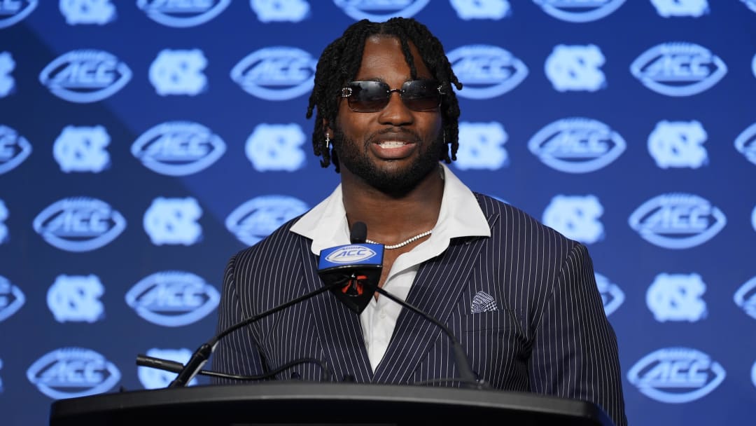 Jul 25, 2024; Charlotte, NC, USA;  UNC Tar Heels defensive end Kaimon Rucker speaks to the media during the ACC Kickoff at Hilton Charlotte Uptown. Mandatory Credit: Jim Dedmon-USA TODAY Sports